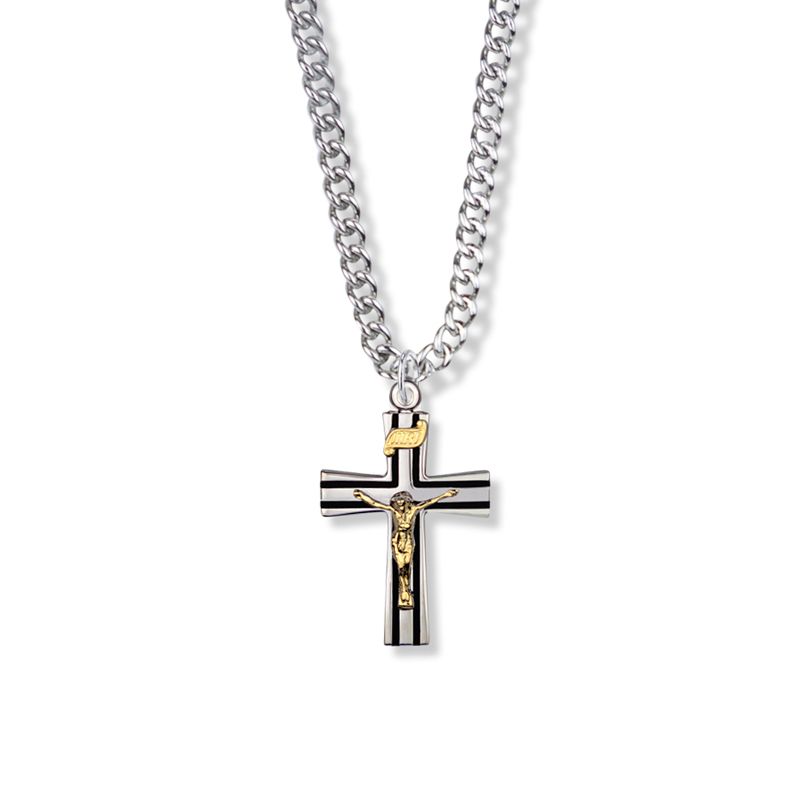 Extel Large Two-Tone Sterling Silver Black Enameled Crucifix Pendant for Boy with 20" chain