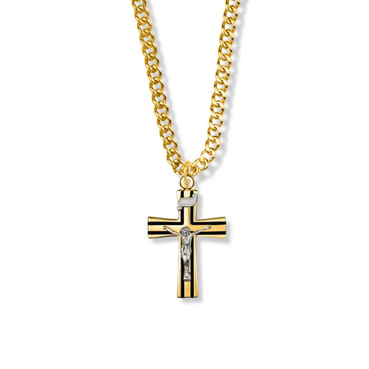 Extel Large Two-Tone 14KT Gold Plated Over Sterling Silver Black Enameled Crucifix Pendant for Boy with 20" chain