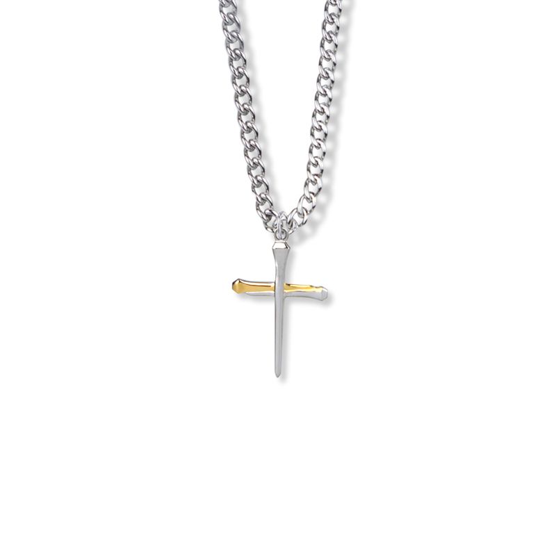 Extel Medium Two-Tone Sterling Silver Nail Cross Pendant for Women with 18" chain