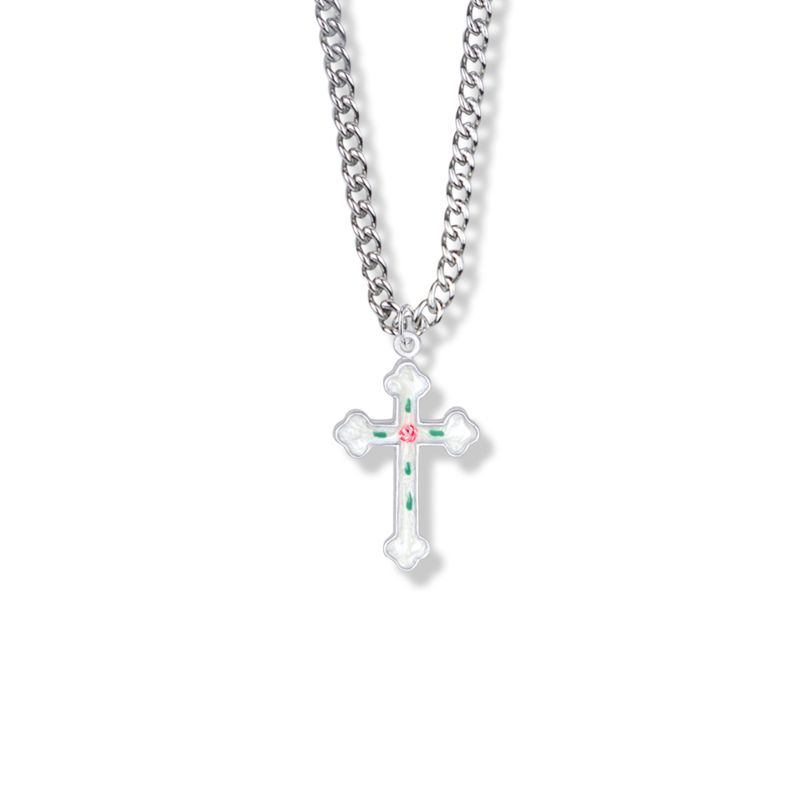 Extel Medium Sterling Silver Enameled Rose and Budded Ends Cross Pendant for Women with 18" chain