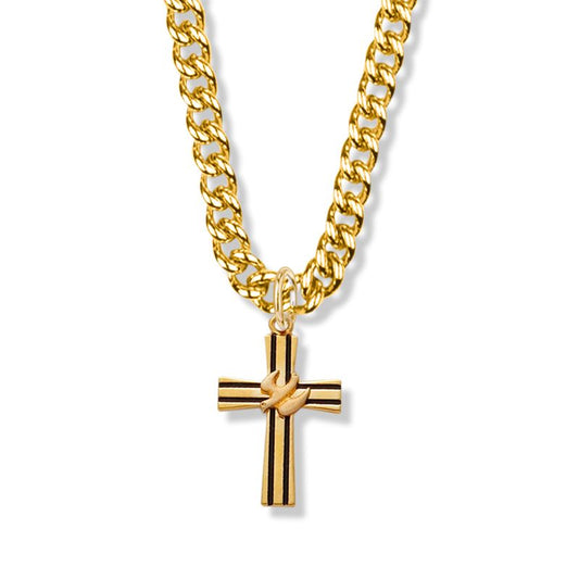 Extel Large 14KT Gold Plated Over Sterling Silver Antiqued Lined Cross Pendant for Men with 24" chain