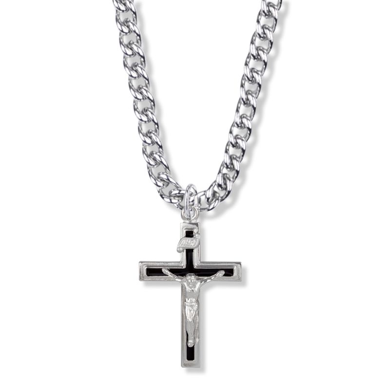 Extel Large Sterling Silver Black Enamel Crucifix Pendant for Men with 24" chain