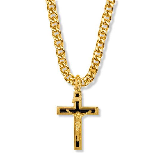 Extel Large 14KT Gold Plated Over Sterling Silver Black Enamel Crucifix Pendant for Men with 24" chain