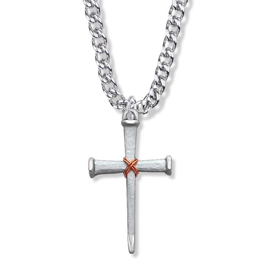 Extel Large Sterling Silver Antique Nail with Copper Rope Center Cross Pendant for Men with 24" chain