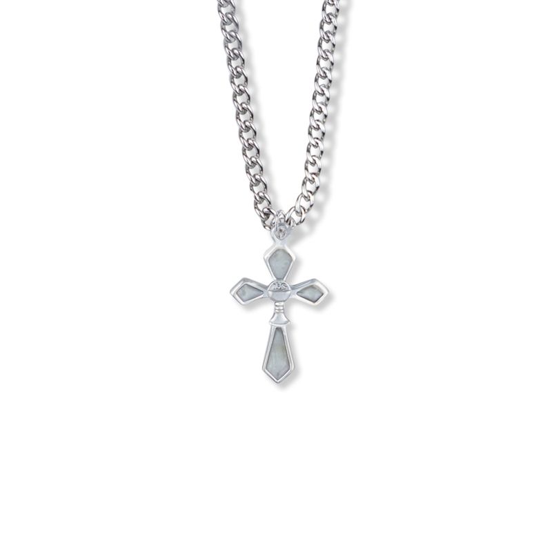 Extel Medium Sterling Silver and Enameled Pointed Ends Cross Pendant with Chalice for Girl with 18" chain