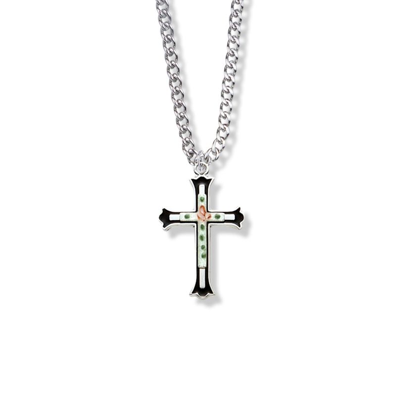 Extel Large Sterling Silver Enameled Rose Cross on Budded Ends Cross Pendant for Women with 18" chain