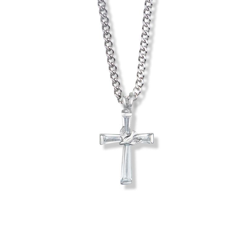 Extel Large Sterling Silver Dove on Crystal Baguette Cross Pendant for Women with 18" chain