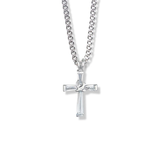 Extel Large Sterling Silver Dove on Crystal Baguette Cross Pendant for Women with 18" chain