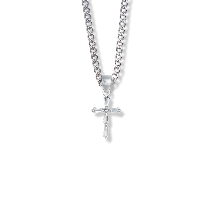 Extel Medium Sterling Silver Crystal Cubic Zirconia Baguette Stick Cross Pendant for Women with 18" chain