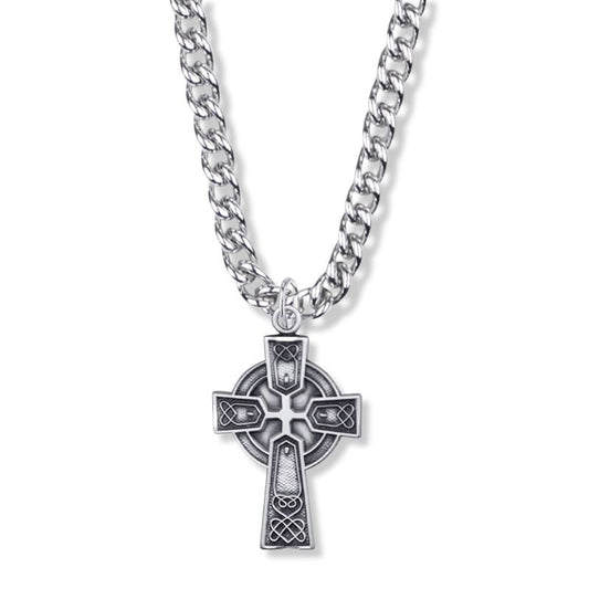 Extel Large Sterling Silver Diamond Drag Engraved Large Celtic Cross for Men with 24" chain