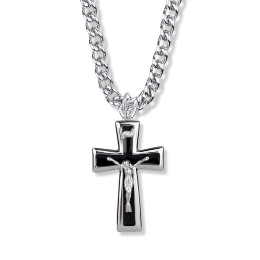 Extel Large Sterling Silver Black Enameled Crucifix Pendant for Men with 24" chain