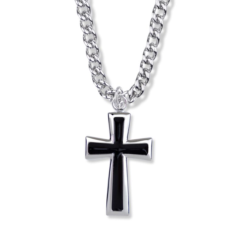 Extel Large Sterling Silver Black Enameled Flared Ends Cross Pendant for Men with 24" chain