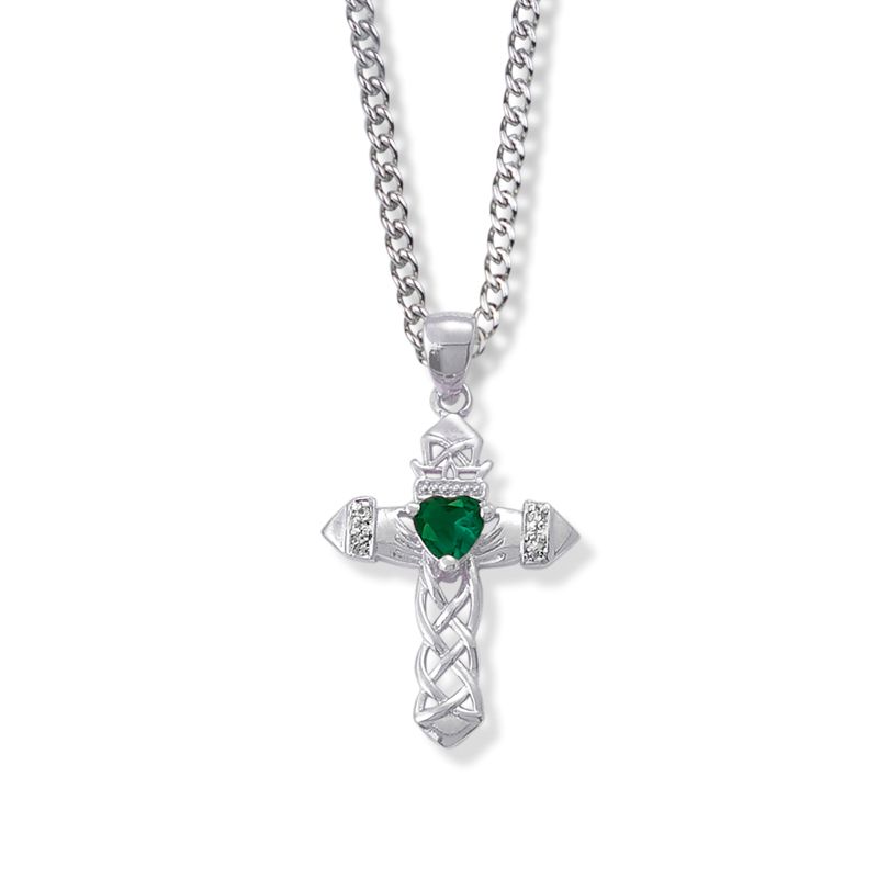 Extel Large Sterling Silver Claddagh with Green CZ Stone Center Cross Pendant for Women with 18" chain