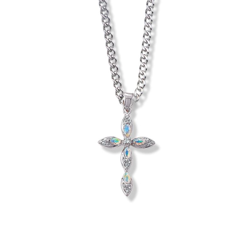 Extel Large Sterling Silver Pointed Oval Ends Cross Pendant with Opal Stones for Women with 18" chain