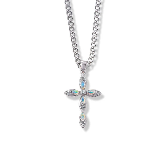 Extel Large Sterling Silver Pointed Oval Ends Cross Pendant with Opal Stones for Women with 18" chain