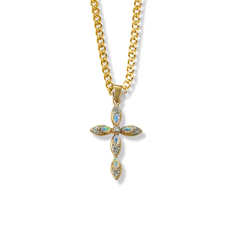 Extel Large 14KT Gold Plated Over Sterling Silver Pointed Oval Ends Cross Pendant with Opal Stones for Women with 18" chain