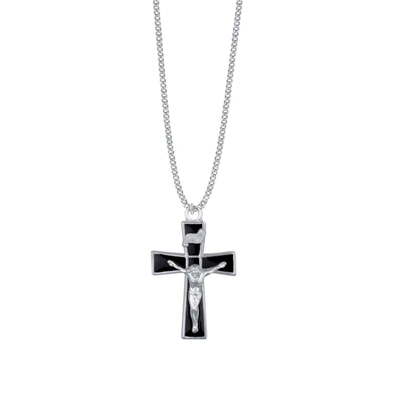 Extel Large Sterling Silver Flared Ends Black Enameled Crucifix Pendant for Boy with 20" chain