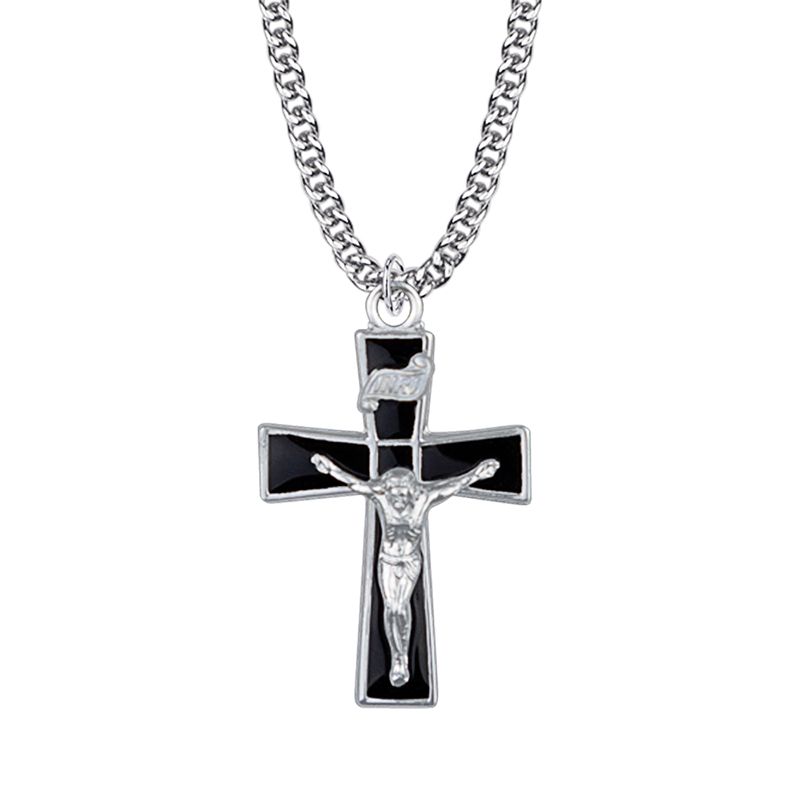 Extel Large Sterling Silver Flared Ends Black Enameled Crucifix Pendant for Boy with 20" chain