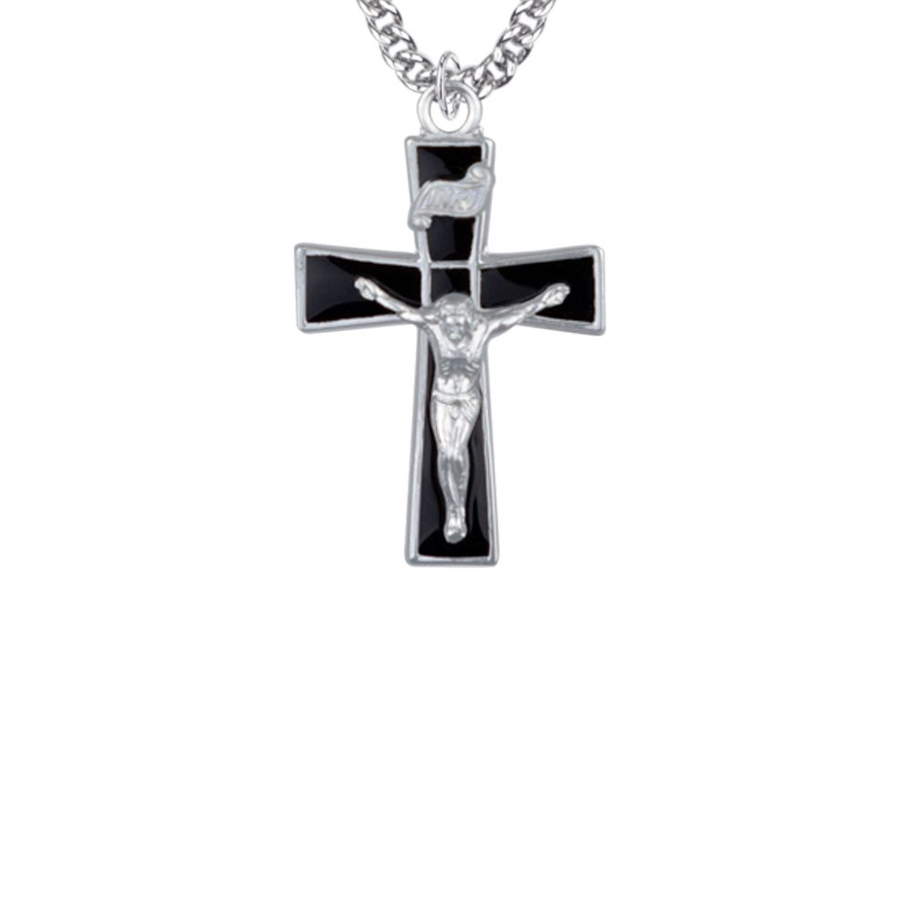 Extel Large Sterling Silver Flared Ends Black Enameled Crucifix Pendant for Boy with 20" chain