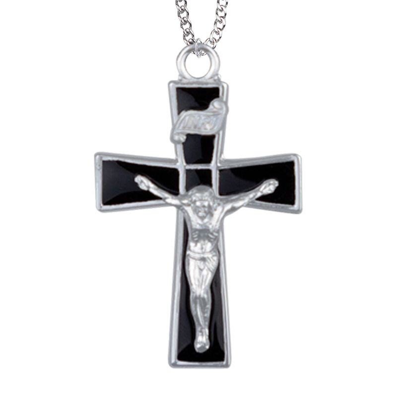 Extel Large Sterling Silver Flared Ends Black Enameled Crucifix Pendant for Boy with 20" chain