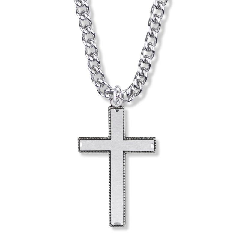 Extel Large Sterling Silver Beaded with Our Father Prayer on Back Cross Pendant for Men with 24" chain