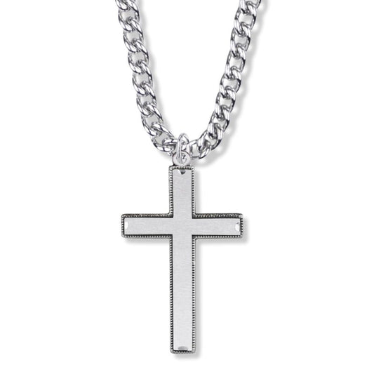 Extel Large Sterling Silver Beaded with Our Father Prayer on Back Cross Pendant for Men with 24" chain