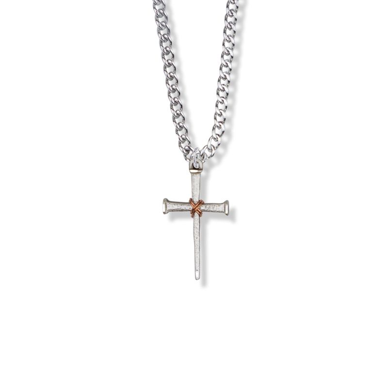 Extel Large Sterling Silver Nail with Copper Center and Diamond Engraved Ends Cross Pendant for Boy with 18" chain