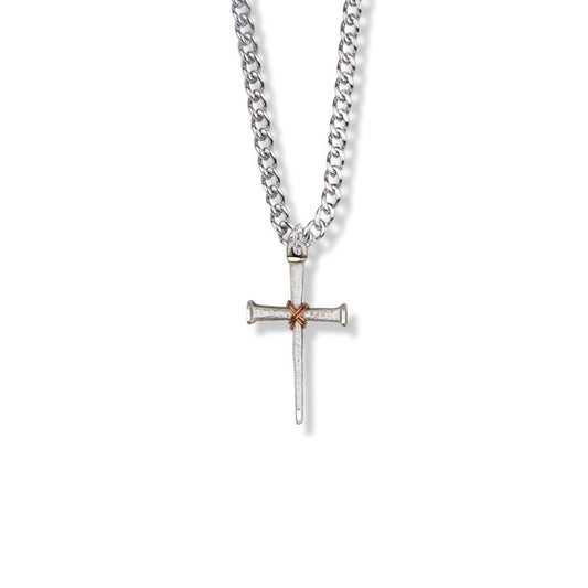 Extel Large Sterling Silver Nail with Copper Center and Diamond Engraved Ends Cross Pendant for Boy with 18" chain