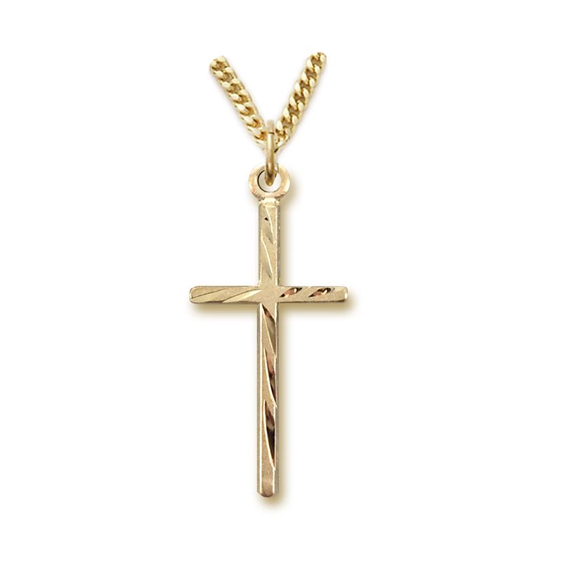 Extel Medium 14KT Gold Plated Over Sterling Silver Diamond Engraved Stick Cross Pendant for Women with 18" chain