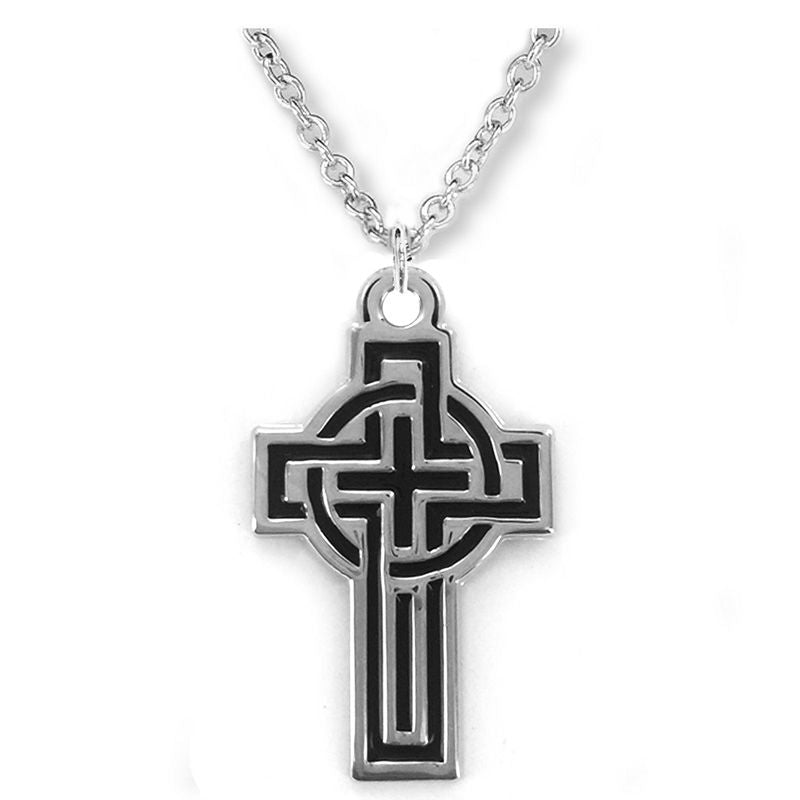 Extel Large Sterling Silver Black Enameled Celtic Cross Pendant for Men with 20" chain