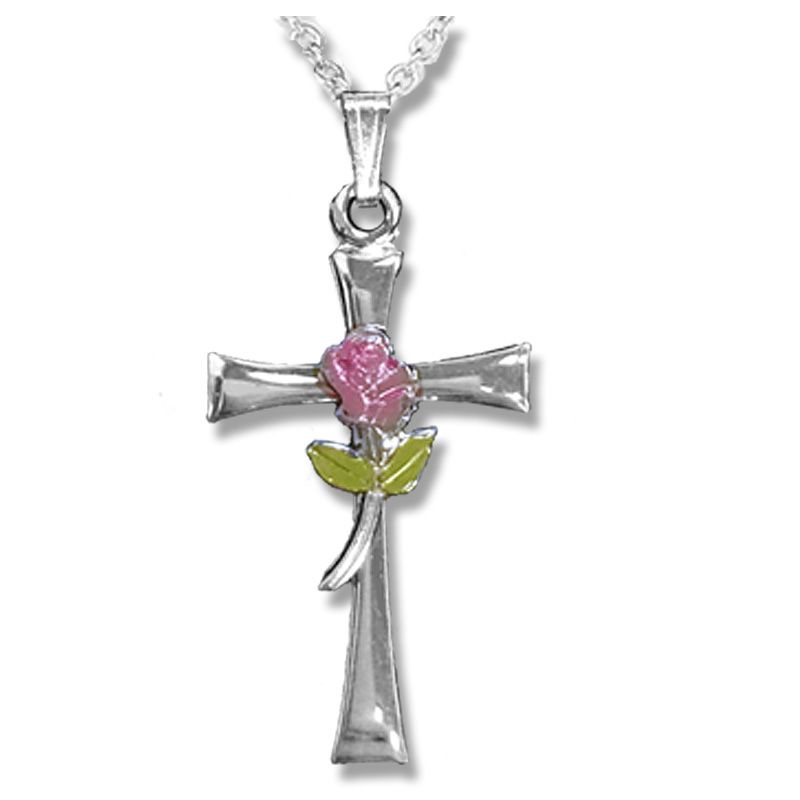 Extel Medium Sterling Silver Enameled Rose Cross Pendant for Women with 18" chain